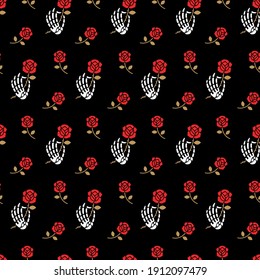 Seamless vector pattern with skeleton hands and roses.