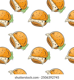 Seamless vector pattern with sketch of burgers on white background. Doodle fast food illustration. Contour humburger pattern. Line art food design. Vector illustration