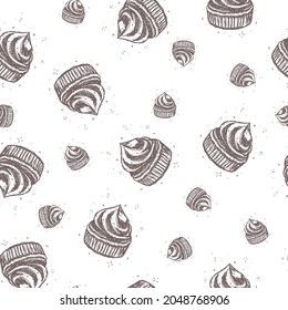 Seamless Vector Pattern. Sketch Cupcakes. Hand-drawn Art. Sweet Tasty Creamy Dessert. Food Decoration