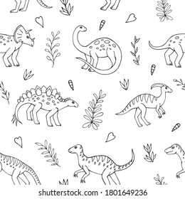 Seamless vector pattern with sketch of dinosaurs and abstract floral. Decoration print for wrapping, wallpaper, fabric. Seamless vector texture. 
