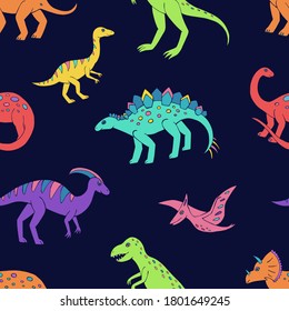 Seamless vector pattern with sketch of dinosaurs. Decoration print for wrapping, wallpaper, fabric. Seamless vector texture. 