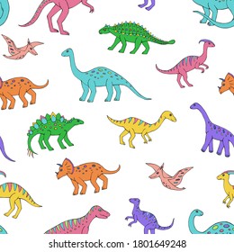Seamless vector pattern with sketch of dinosaurs. Decoration print for wrapping, wallpaper, fabric. Seamless vector texture. 