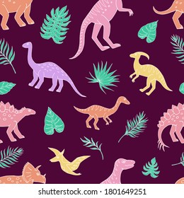 Seamless vector pattern with sketch of dinosaurs and tropical plant. Decoration print for wrapping, wallpaper, fabric. Seamless vector texture. 