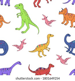 Seamless vector pattern with sketch of dinosaurs. Decoration print for wrapping, wallpaper, fabric. Seamless vector texture. 