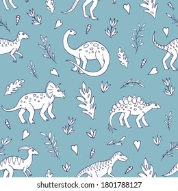 Seamless vector pattern with sketch of dinosaurs and abstract floral. Decoration print for wrapping, wallpaper, fabric. Seamless vector texture. 