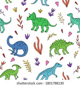 Seamless vector pattern with sketch of dinosaurs and abstract floral. Decoration print for wrapping, wallpaper, fabric. Seamless vector texture. 