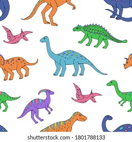 Seamless vector pattern with sketch of dinosaurs. Decoration print for wrapping, wallpaper, fabric. Seamless vector texture. 