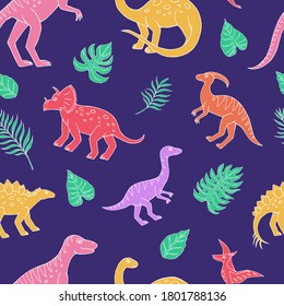 Seamless vector pattern with sketch of dinosaurs and tropical plant. Decoration print for wrapping, wallpaper, fabric. Seamless vector texture.