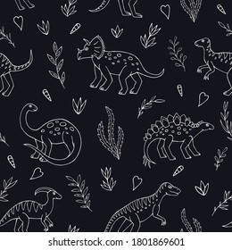 Seamless vector pattern with sketch of dinosaurs and abstract floral. Decoration print for wrapping, wallpaper, fabric. Seamless vector texture. 