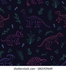 Seamless vector pattern with sketch of dinosaurs and abstract floral. Decoration print for wrapping, wallpaper, fabric. Seamless vector texture. 