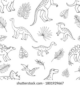 Seamless vector pattern with sketch of dinosaurs and tropical plant. Decoration print for wrapping, wallpaper, fabric. Seamless vector texture.