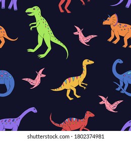 Seamless vector pattern with sketch of dinosaurs. Decoration print for wrapping, wallpaper, fabric. Seamless vector texture. 