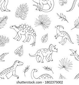 Seamless vector pattern with sketch of dinosaurs and tropical plant. Decoration print for wrapping, wallpaper, fabric. Seamless vector texture.