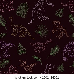 Seamless vector pattern with sketch of dinosaurs and tropical plant. Decoration print for wrapping, wallpaper, fabric. Seamless vector texture.