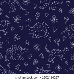 Seamless vector pattern with sketch of dinosaurs and abstract floral. Decoration print for wrapping, wallpaper, fabric. Seamless vector texture. 