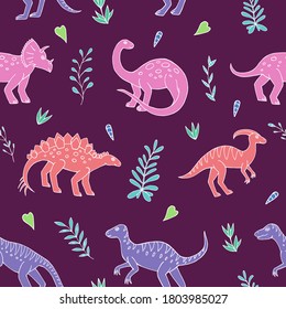 Seamless vector pattern with sketch of dinosaurs and abstract floral. Decoration print for wrapping, wallpaper, fabric. Seamless vector texture. 