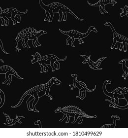 Seamless vector pattern with sketch of dinosaurs. Decoration print for wrapping, wallpaper, fabric. Seamless vector texture. 