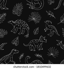 Seamless vector pattern with sketch of dinosaurs and tropical plant. Decoration print for wrapping, wallpaper, fabric. Seamless vector texture.