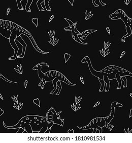 Seamless vector pattern with sketch of dinosaurs and abstract floral. Decoration print for wrapping, wallpaper, fabric. Seamless vector texture. 