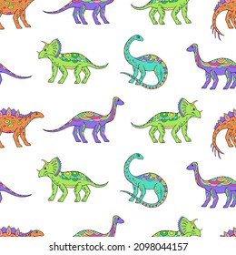 Seamless vector pattern with sketch of dinosaurs. Decoration print for wrapping, wallpaper, fabric. Seamless vector texture. 