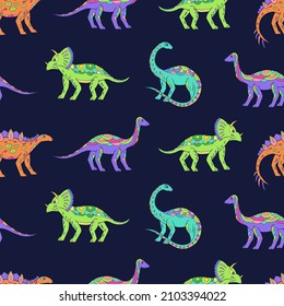 Seamless vector pattern with sketch of dinosaurs. Decoration print for wrapping, wallpaper, fabric. Seamless vector texture. 