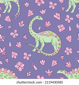 Seamless vector pattern with sketch of dinosaurs and abstract floral. Decoration print for wrapping, wallpaper, fabric. Seamless vector texture.