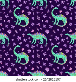 Seamless vector pattern with sketch of dinosaurs and abstract floral. Decoration print for wrapping, wallpaper, fabric. Seamless vector texture. 