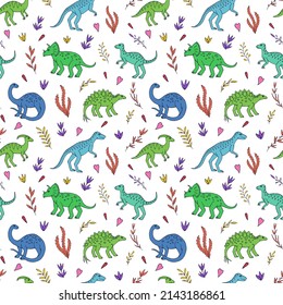 Seamless vector pattern with sketch of dinosaurs and abstract floral. Decoration print for wrapping, wallpaper, fabric. Seamless vector texture. 