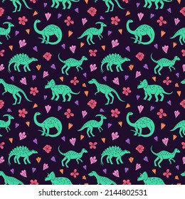 Seamless vector pattern with sketch of dinosaurs and abstract floral. Decoration print for wrapping, wallpaper, fabric. Seamless vector texture. 