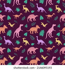 Seamless vector pattern with sketch of dinosaurs and tropical plant. Decoration print for wrapping, wallpaper, fabric. Seamless vector texture. 