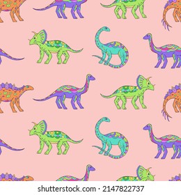 Seamless vector pattern with sketch of dinosaurs. Decoration print for wrapping, wallpaper, fabric. Seamless vector texture. 