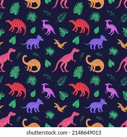 Seamless vector pattern with sketch of dinosaurs and tropical plant. Decoration print for wrapping, wallpaper, fabric. Seamless vector texture.