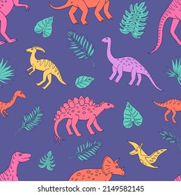 Seamless vector pattern with sketch of dinosaurs and tropical plant. Decoration print for wrapping, wallpaper, fabric. Seamless vector texture. 