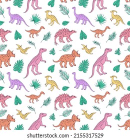 Seamless vector pattern with sketch of dinosaurs and tropical plant. Decoration print for wrapping, wallpaper, fabric. Seamless vector texture.