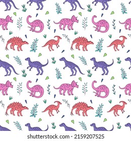 Seamless vector pattern with sketch of dinosaurs and abstract floral. Decoration print for wrapping, wallpaper, fabric. Seamless vector texture. 