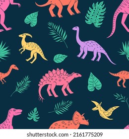 Seamless vector pattern with sketch of dinosaurs and tropical plant. Decoration print for wrapping, wallpaper, fabric. Seamless vector texture. 