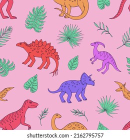 Seamless vector pattern with sketch of dinosaurs and tropical plant. Decoration print for wrapping, wallpaper, fabric. Seamless vector texture. 