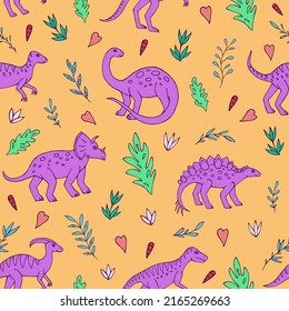 Seamless vector pattern with sketch of dinosaurs and abstract floral. Decoration print for wrapping, wallpaper, fabric. Seamless vector texture. 