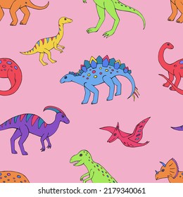 Seamless vector pattern with sketch of dinosaurs. Decoration print for wrapping, wallpaper, fabric. Seamless vector texture.