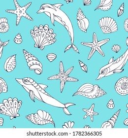 Seamless vector pattern with sketch of dolphins, starfish and sea shells. Sea seamless vector pattern. Decoration print for wrapping, wallpaper, fabric.