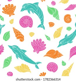 Seamless vector pattern with sketch of dolphins and sea shells. Sea seamless vector pattern. Decoration print for wrapping, wallpaper, fabric.