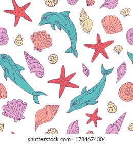 Seamless vector pattern with sketch of dolphins, starfish and sea shells. Sea seamless vector pattern. Decoration print for wrapping, wallpaper, fabric.