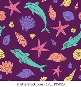 Seamless vector pattern with sketch of dolphins, starfish and sea shells. Sea seamless vector pattern. Decoration print for wrapping, wallpaper, fabric.
