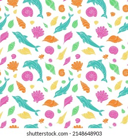 Seamless vector pattern with sketch of dolphins and sea shells. Sea seamless vector pattern. Decoration print for wrapping, wallpaper, fabric.