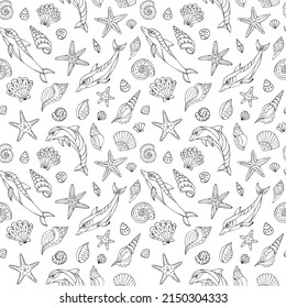 Seamless vector pattern with sketch of dolphins and sea shells. Sea seamless vector pattern. Decoration print for wrapping, wallpaper, fabric. 