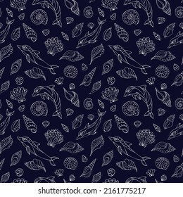 Seamless vector pattern with sketch of dolphins and sea shells. Sea seamless vector pattern. Decoration print for wrapping, wallpaper, fabric.