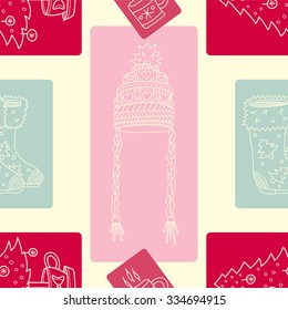 Seamless vector pattern. sketch drawing. Knitted hat, Christmas tree in the bowl with the balls, Russian valenki in the colored rectangles.