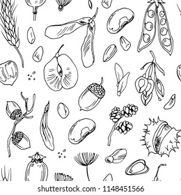 Seamless vector pattern with sketch drawings of different seeds.