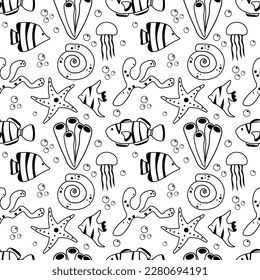 Seamless vector pattern with sketch of fish, sea shells and stars. Sea seamless vector pattern. Decoration print for wrapping, wallpaper, fabric. EPS