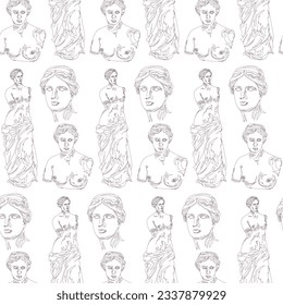 Seamless vector pattern sketch of the Greek sculpture of Venus de Milo. Pattern.